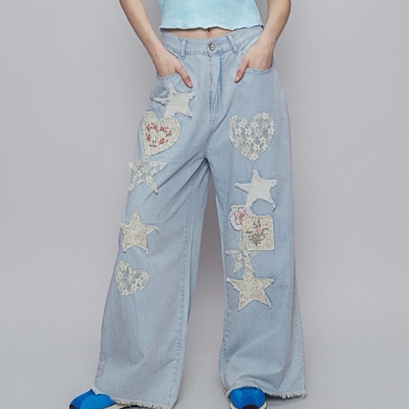 POL Denim - 48 hr preview sale : Lilly Patch Light Blue Soft Denim Star/ Heart Patch Jeans.